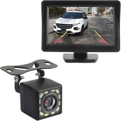 Plug & Play Backup Camera with Monitor 4.6'',12 LED HD Rearview Mirror Camera for Night Vision,150° Wide Angle Universal Car Reverse Camera with Monit