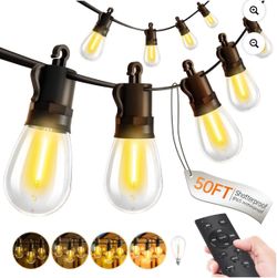 Outdoor-String-Lights-Patio-LED-Light-Outside 50Ft 15M Waterproof Remote Dimmable S14 LED Porch Lighting with 15 Edison Plastic Bulb Hanging Lights Co