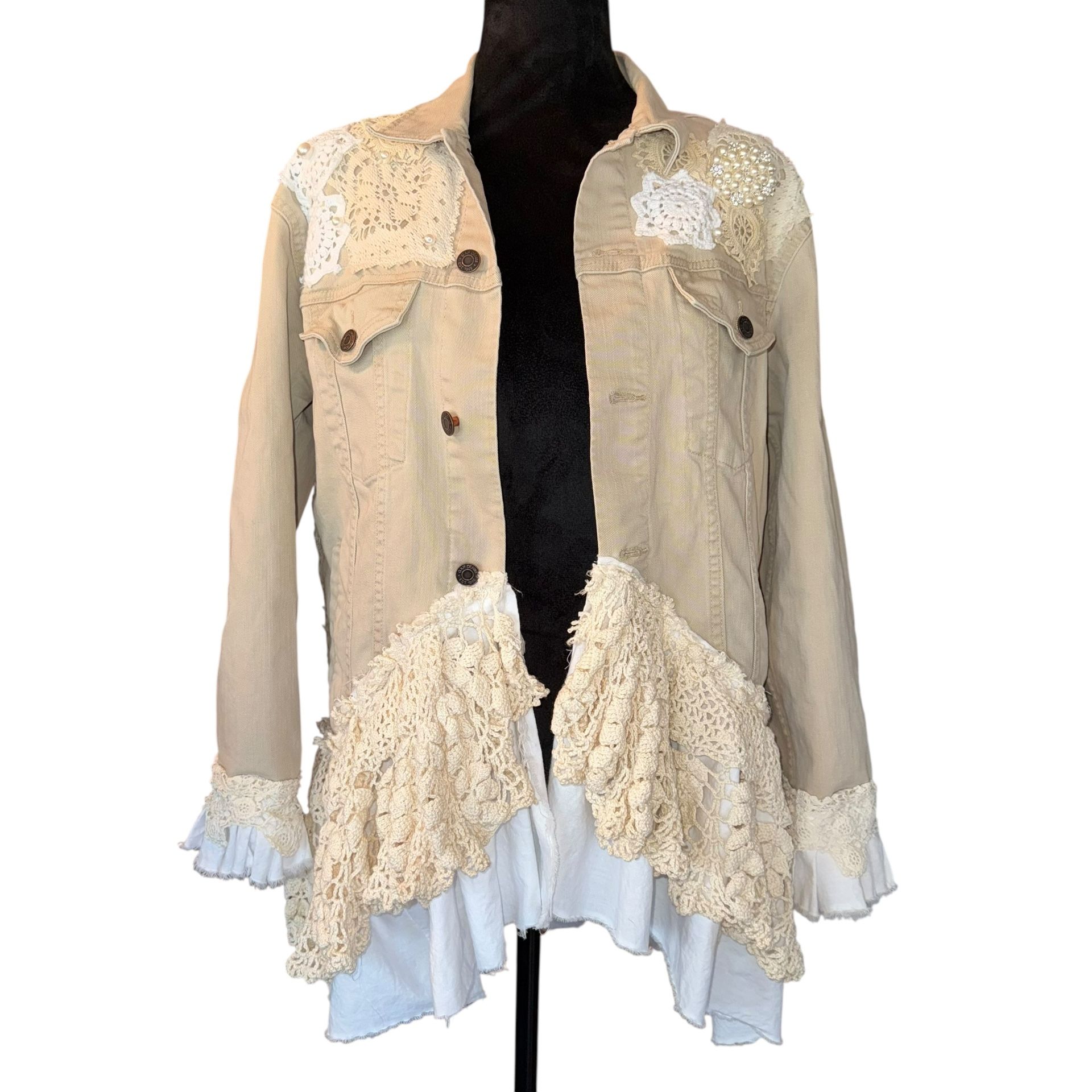 Reworked/Upcycled Denim Jacket Shabby Chic Cottage Core Bride Romantic SZ Small This upcycled denim jacket in size Small is adorned with a shabby
