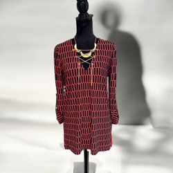 Michael Michael Kors Red Black Geometric Print Gold chain Lace up  tunic top