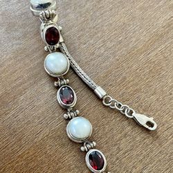 925 Sterling Silver Garnet And Pearl Adjustable Bracelet With Heart Charm 