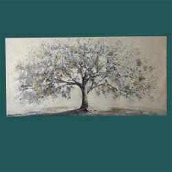 Large Tree Canvas Wall Art 46x23 – Neutral Abstract Winter Tree Painting, Modern Living Room Decor