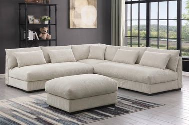 NEW Plush Beige Fabric Modern Sectional Sofa and Ottoman Set Low Back Deep Seating Dark Chocolate Brown Modular Designer Style BIG Couch Living Room