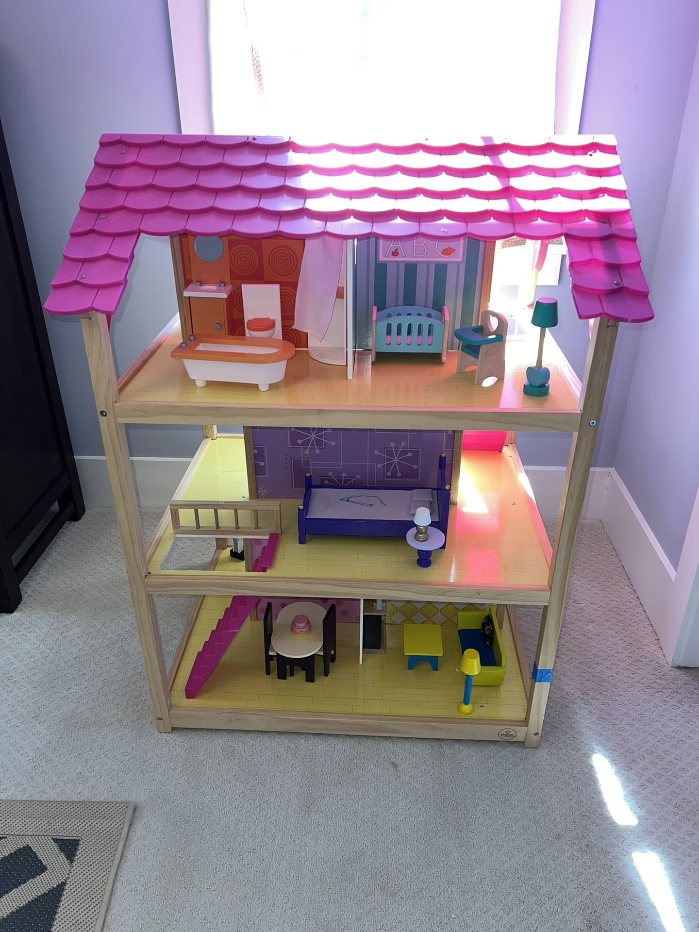 Wooden Dollhouse with Furniture