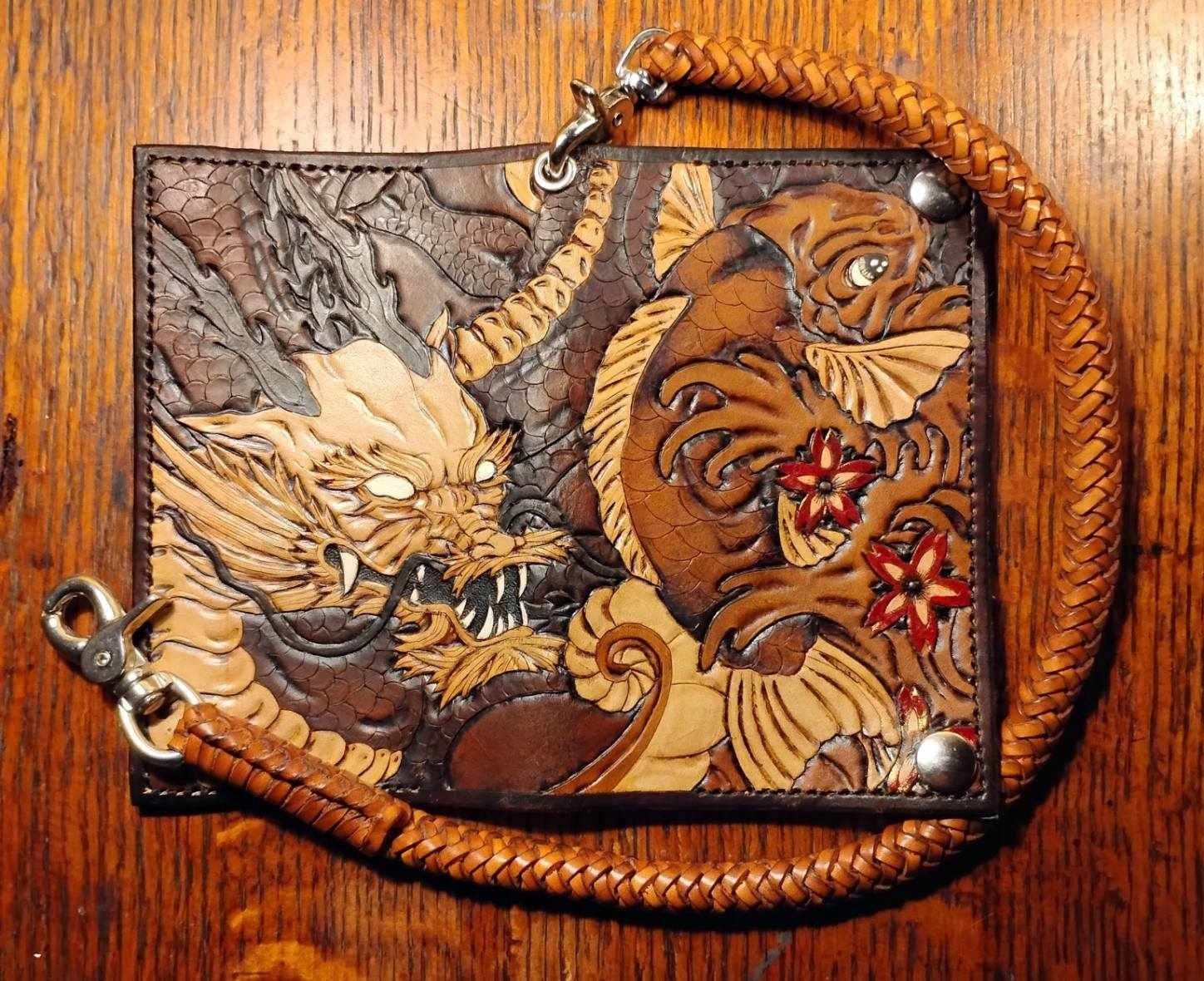New Handmade Carved And Tooled Leather Dragon And Koi Fish Bifold Wallet