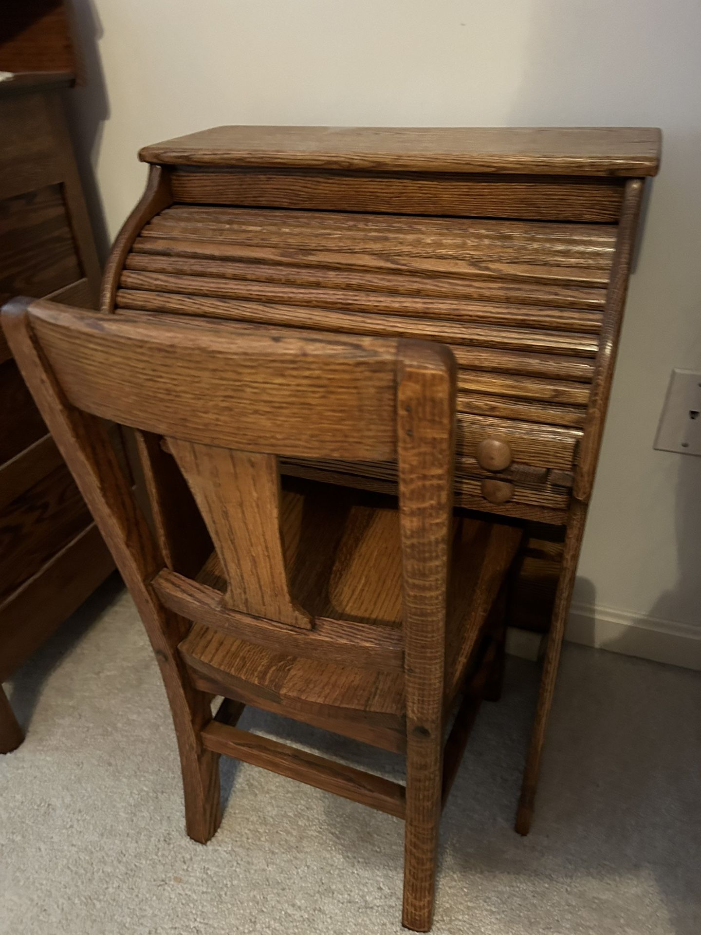 Beautiful Antique Oak Child’s  Roll Top  Desk and Chair