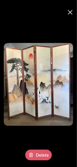 4 PANEL 5.6’ ASIAN THEMED TWO SIDED ROOM DIVIDER - NEW.   FLAW IN SHIPPING. SEE PICS. PRICE ADJUSTED ACCORDINGLY