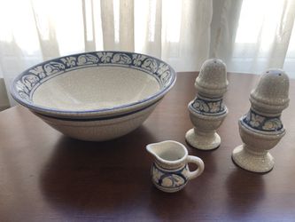 Dedham Pottery Serving Bowl, Salt & Pepper Shakers, Small Pitcher