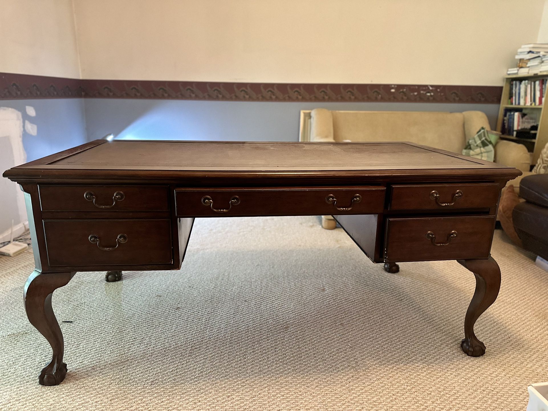 Sligh Chippendale Style Double Pedestal Tooled Leather Inset Desk