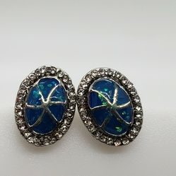 Oval Blue Opal & Topaz Silver Earrings 