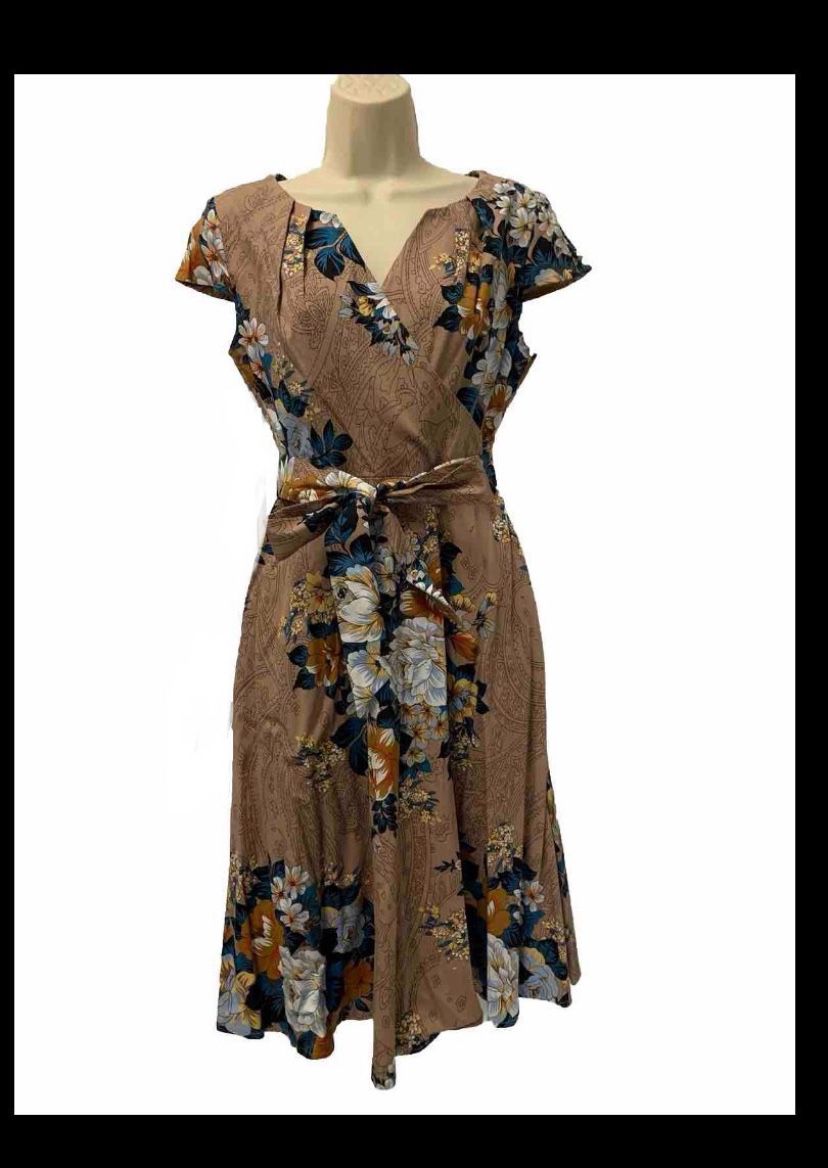 ✨New✨ Adult Woman Large Size 10-12 Beige Navy Blue Orange Ivory Floral Magnolia Peony Stretch Dress Pockets Zip Up Tie Waist 