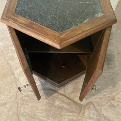 3 solid wood 6-sided end tables with green marble inlay.