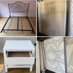 Like new Revive queen mattress $150, box spring $50, metal bed frame $50, nightstand $35 