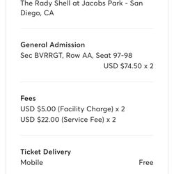 Willie Nelson Concert at The Shell In San Diego 4/22 - 2 Tickets