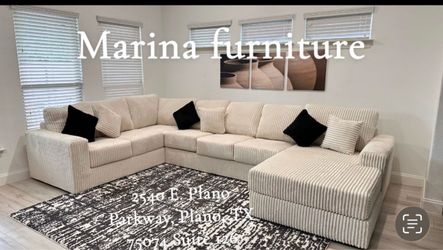 Large Cream Corduroy Sectional Sofa with Chaise