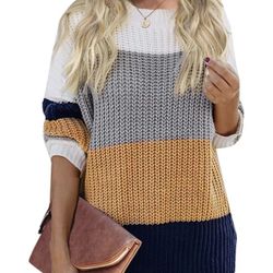 Women's Crew Neck Long Sleeve Color Block Knit Sweater Casual Pullover Jumper Tops