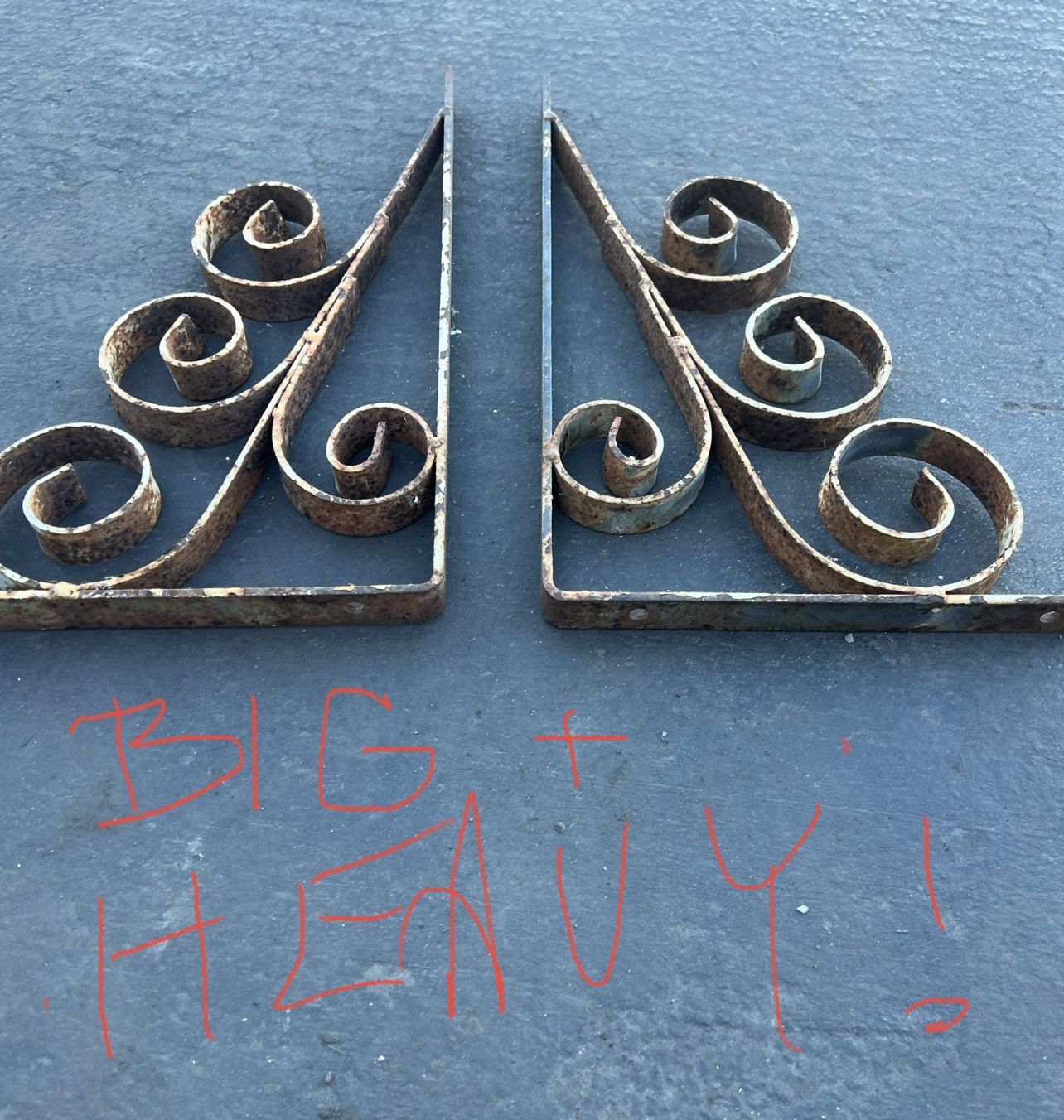 Vintage 20”  Wrought Iron Corbels Shelf Brackets HEAVY Plant Garden Arms Handmade Spanish Very Heavy 20-22” !!  PAIR - Price Is For 2 