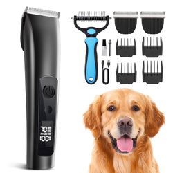 Dog Clippers for Grooming Thick Hair with Undercoat Rake, Low Noise Cordless Dog Grooming Kit with 2 Replacement Blade, Rechargeable Cat Shaver Timmer