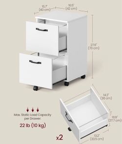 VASAGLE 2-Drawer File Cabinet Small Rolling Filing Cabinet - White