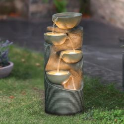 Brand New! Modern Water Fountain with Lights – Gray Cement Tiered Bowls ,F734
