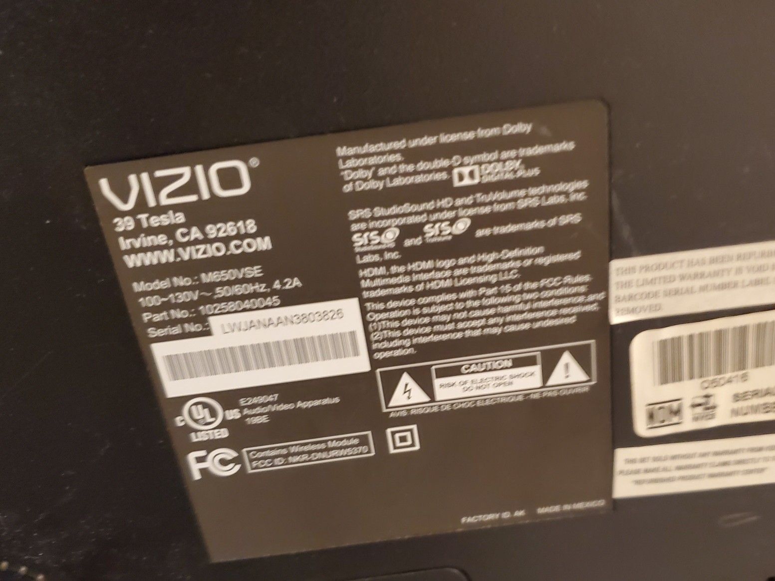Vizio Mseries 65" Class Razor LED Smart TV M650VSE eco HD, full