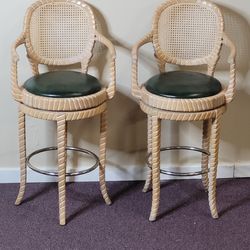 Quality Pair of Creamed Caned Swiveling Bar Stools Set of 2