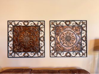 Set of 2 Large Decorative Metal Wall Art Panels – Rustic Bronze Scrollwork