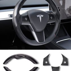 Uxcer Tesla Model 3/Y Steering Wheel Cover, Carbon Fiber Steering Wheel Wrap Stickers For Tesla Model 3 Model Y 2017-2021 2022 2023 2024 Interior Acce