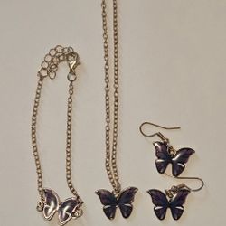 Purple Butterfly Gold Tone Necklace, Bracelet, Earrings Jewelry Set