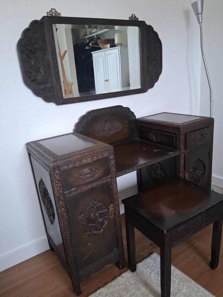Antique Carved Asian 3pc Dresser 