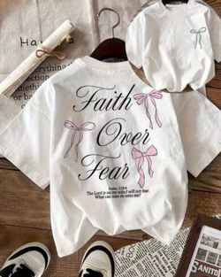 [100% Cotton] Women's Casual Crew Neck T-Shirt With "Faith Over Fear" Graphic Print & Butterfly Pattern - 95% Polyester 5% Spandex Stretchy Fabric, Sh