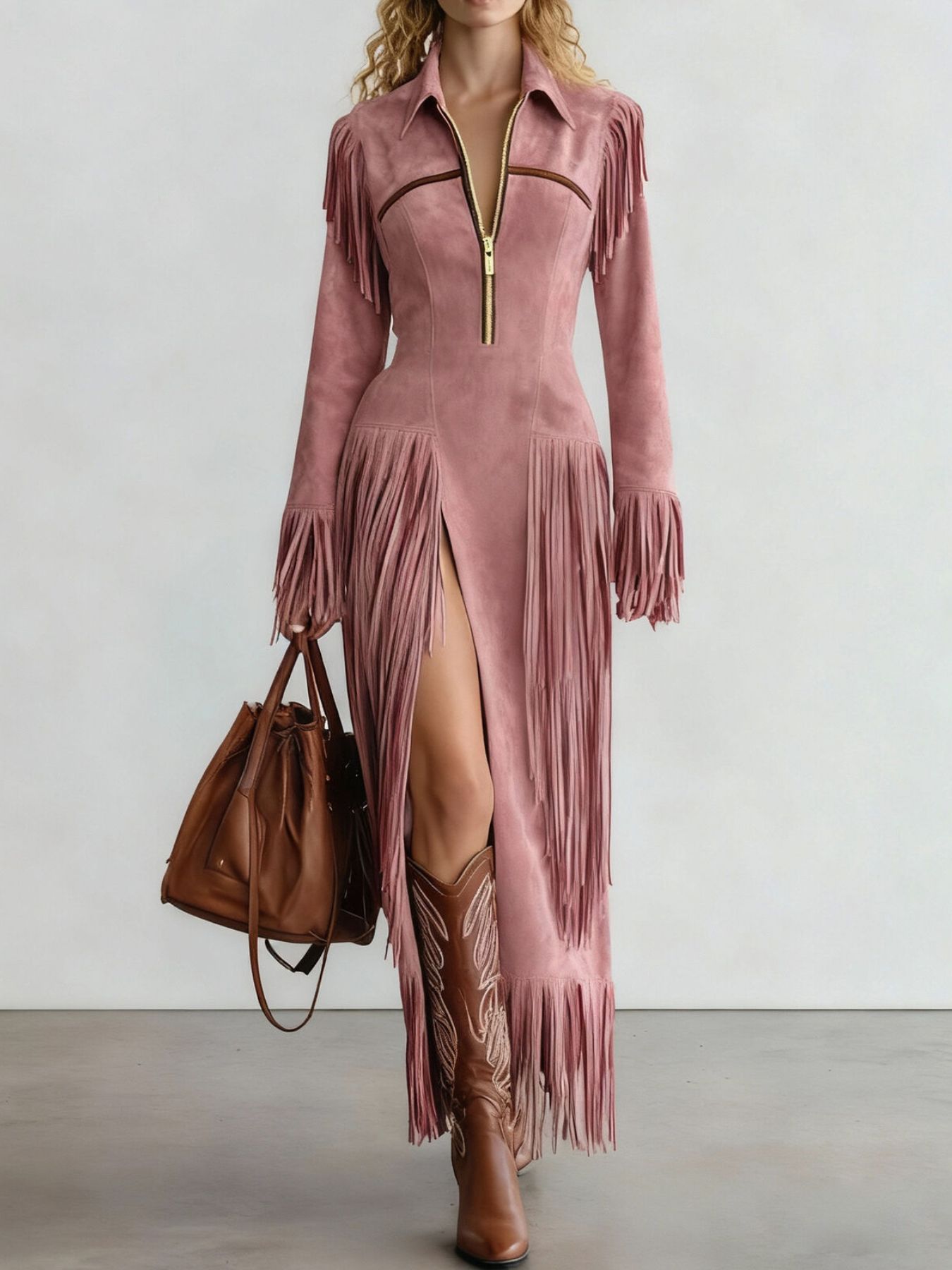 Fringed Suede Slit Dress