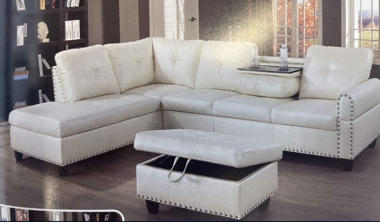 White Leather Sectional Couch With Drop Down Table