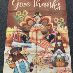 New Large 28” x 40” Give Thanks turkeys canvas double sided thanksgiving garden flag 