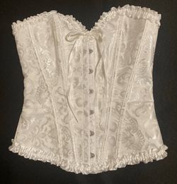 Women's White Lace Up Boned Overbust Corset Size XSmall Jacquard Bridal Romantic