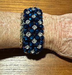 Blue Crystal and Rhinestone Wide Cuff Bracelet