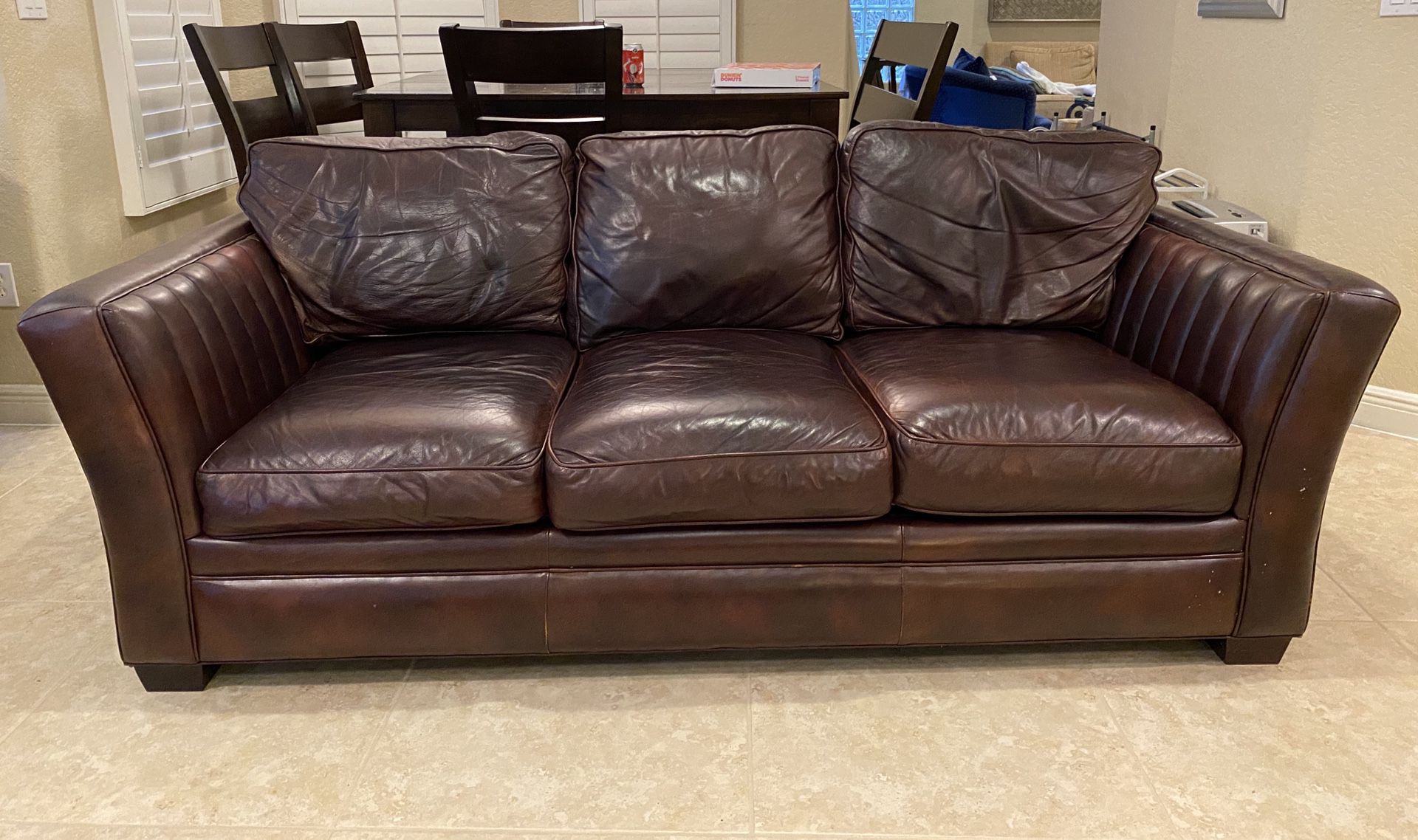 Dark brown modern leather Hancock and Moore couch