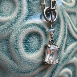 Antique Sterling Silver Rock Crystal Necklace CZ Cushion Cut Toggle 18” Pendant Choker