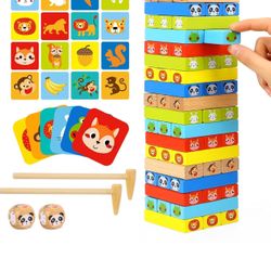 TOOKYLAND Colored Wooden Blocks Stacking Board Games Tumble Tower Games with Animal Pictures for Kids Boys Girls - 80 Pieces