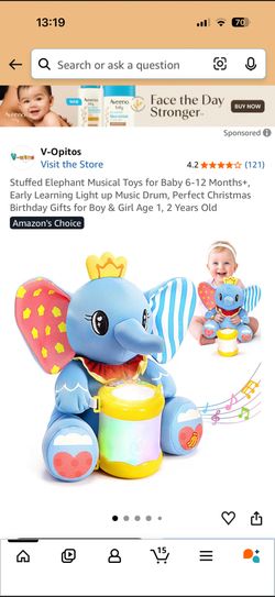 Stuffed Elephant Musical Toys for Baby 6-12 Months+, Early Learning Light up Music Drum, Perfect Christmas Birthday Gifts for Boy & Girl Age 1, 2 Year