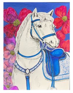 Handmade White Horse Floral Artwork – Original One-of-a-Kind