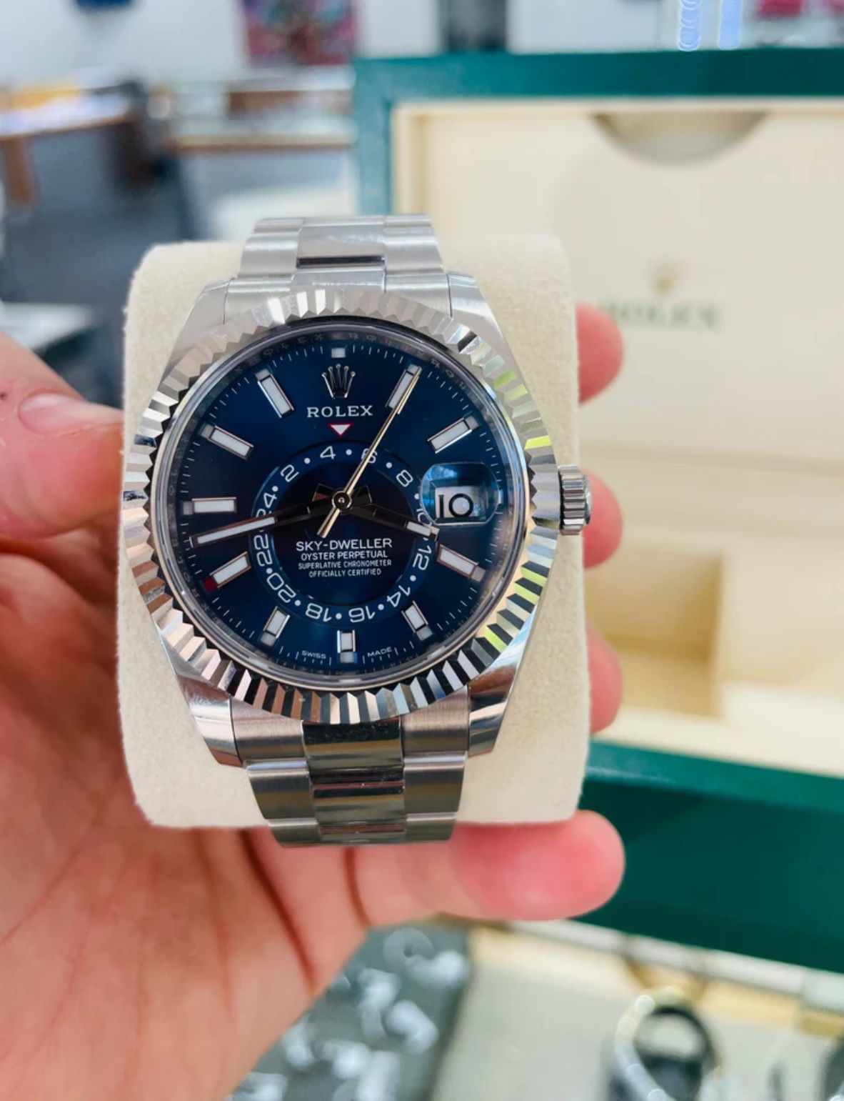 Rolex Sky-Dweller 326934 BLUSO Blue Dial Stainless Steel 42mm 18k White Gold Bezel PAPERS MINT