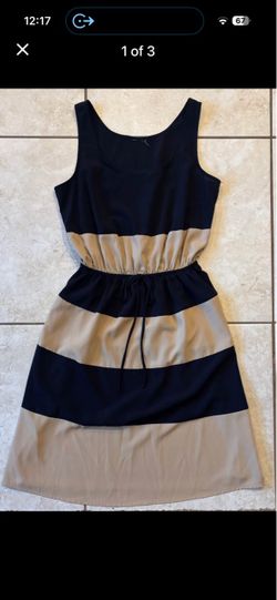 Enfocus Studio Colorblock Striped Dress Sleeveless Navy Tan Drawstring Waist, Size S, $70 retail