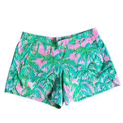 Lilly Pulitzer Shorts Women Large Pink Green Palm Tree Print 002065 Cotton Blend
