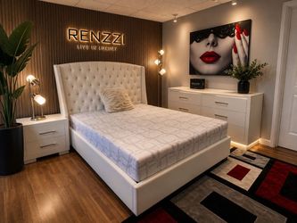 White leather queen bed frame