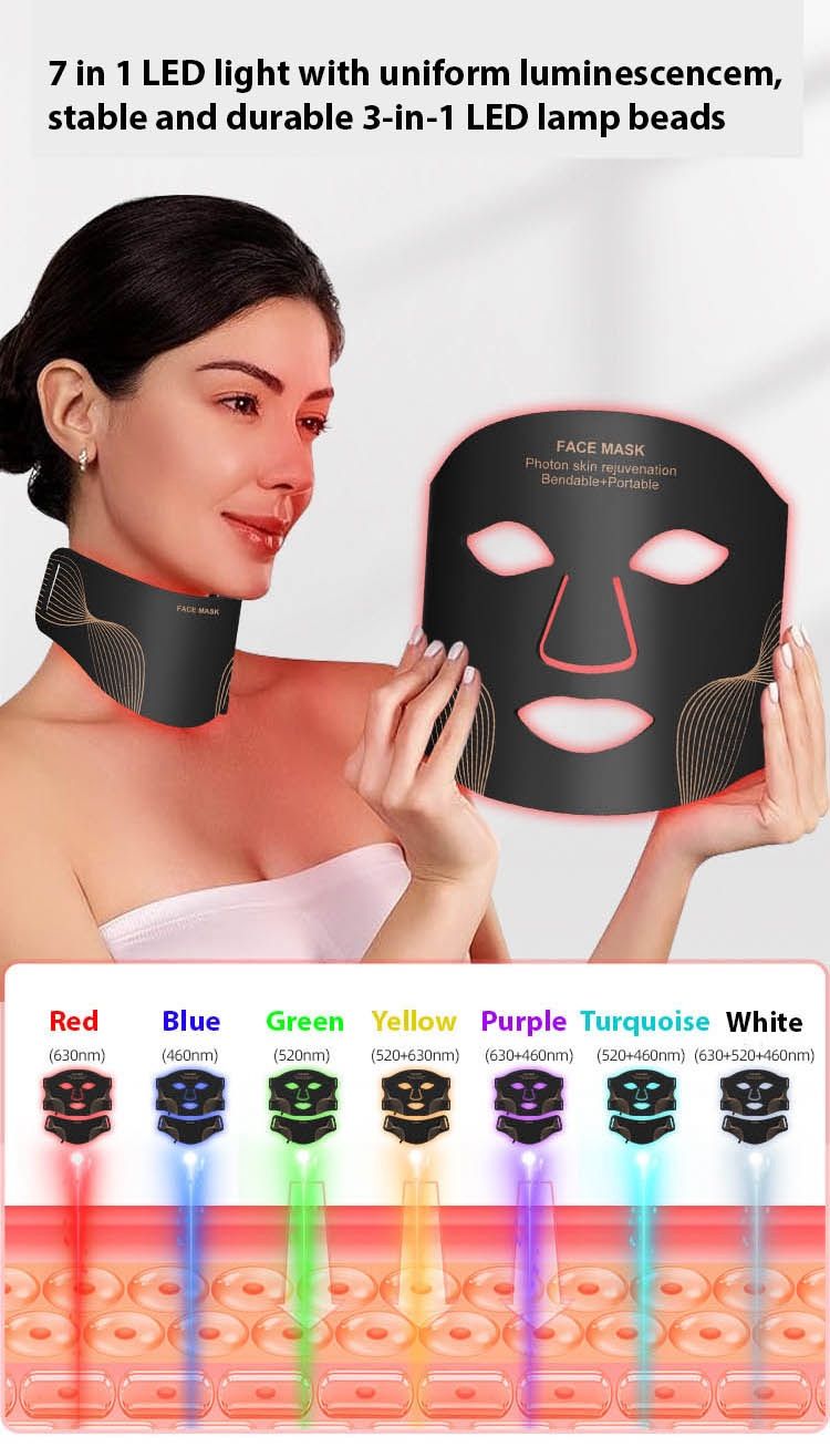 7 Led Red Light Mask for Face and Neck - Facial Skin Care Device, Portable, Lightweight