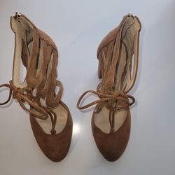Marc Fisher Shellie Lace Up D'Orsay High Heel Pump Tan Brown Suede Leather Sz 7.5