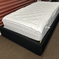 SINGLE TWIN BED FRAME BEDROOM BLACK UPHOLSTERED CLOTH FOAM MATTRESS 
