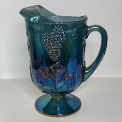 Carnival Glass Pitcher Iridescent Blue Embossed Grapes