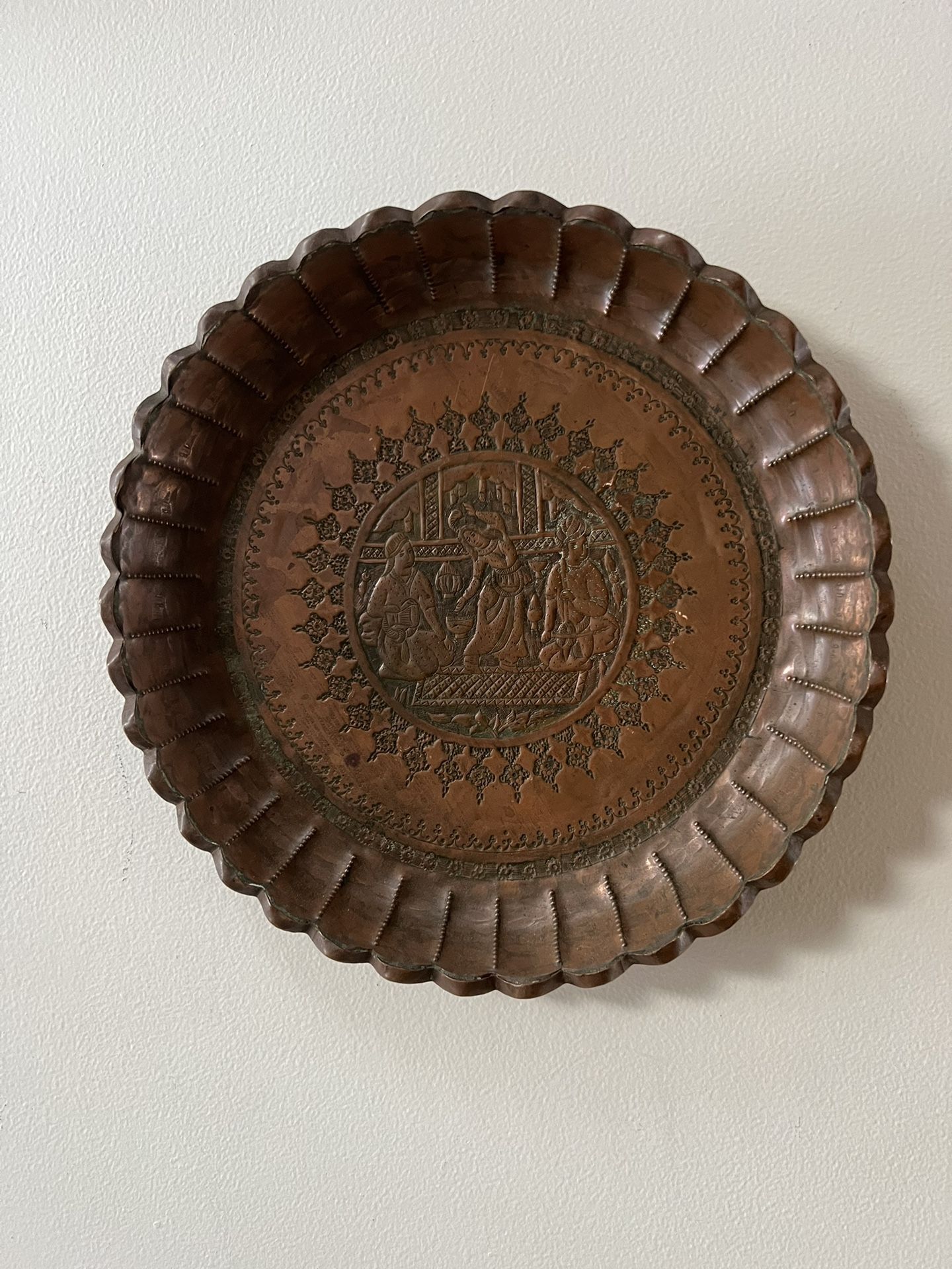 Antique Persian Copper Plate Bowl Middle Eastern Decorative Etched Geometric pattern Decor Circa 1880’s